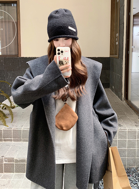高级感灰色连帽中长款毛呢外套女2025秋冬新款韩版通勤显瘦大衣