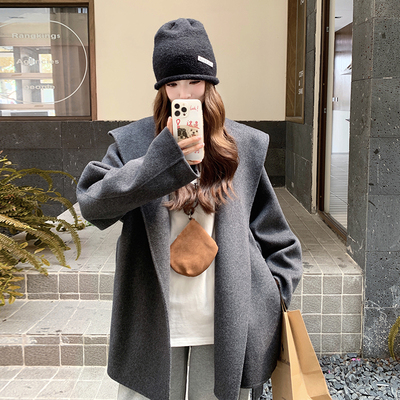秋冬连帽中长款毛呢外套女显瘦