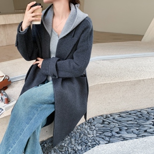 韩系极简风拼接灰色连帽毛呢大衣女中长款收腰双排扣宽松显瘦外套