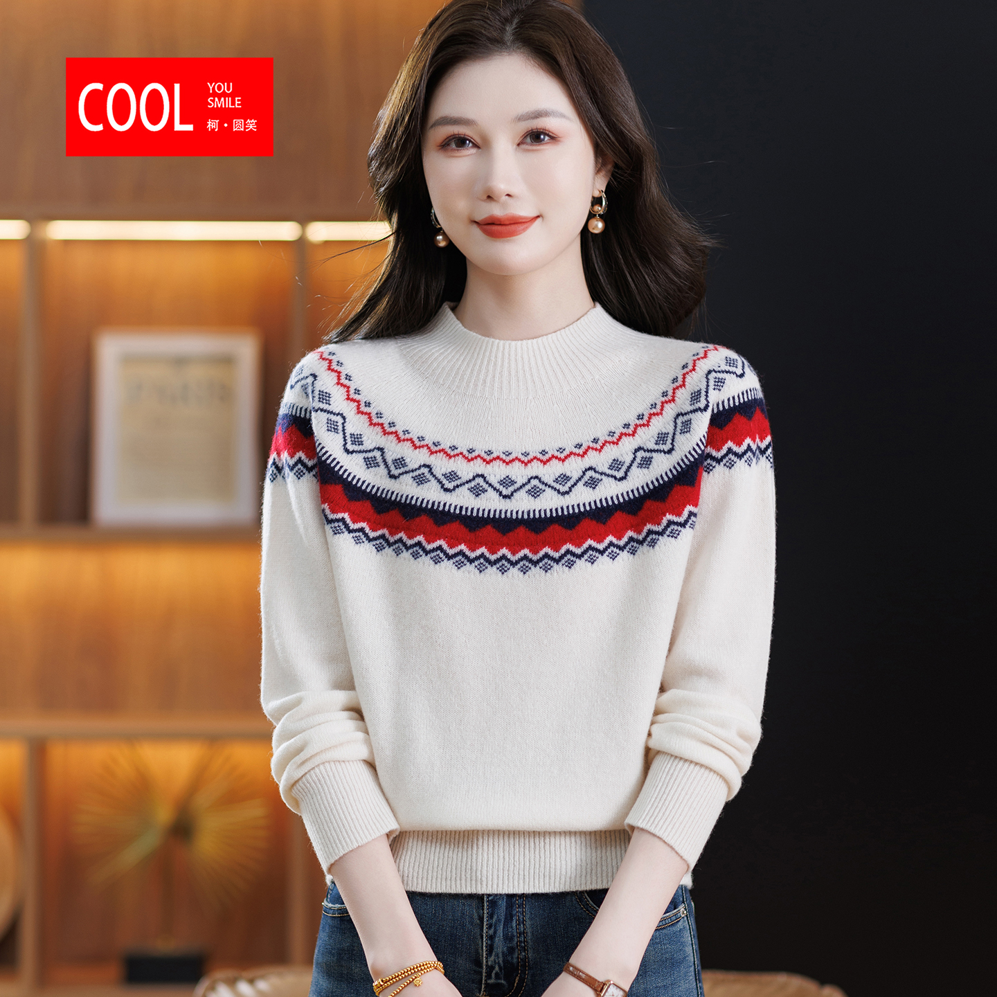 费尔岛风纯羊毛衫女半高领毛衣