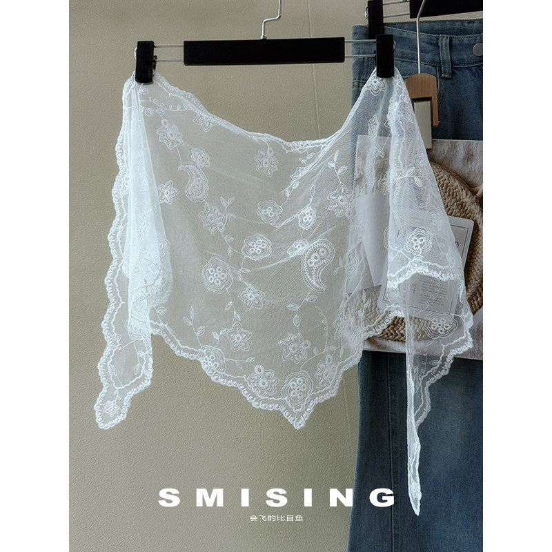 法式白色蕾丝腰果花绣花三角丝巾女春夏季百搭氛围感叠穿装饰领巾