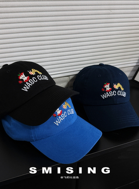 韩系蓝色卡通刺绣苹果棒球帽男女通用春夏季时尚百搭显脸小鸭舌帽