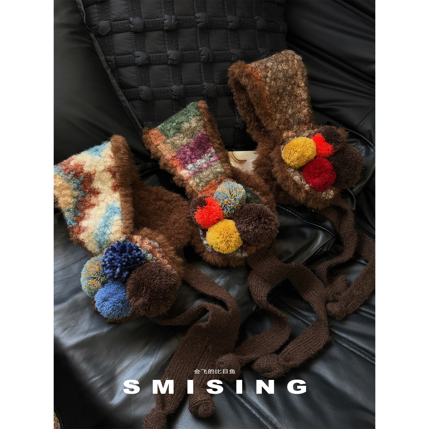 冬季复古毛绒针织系带保暖耳罩