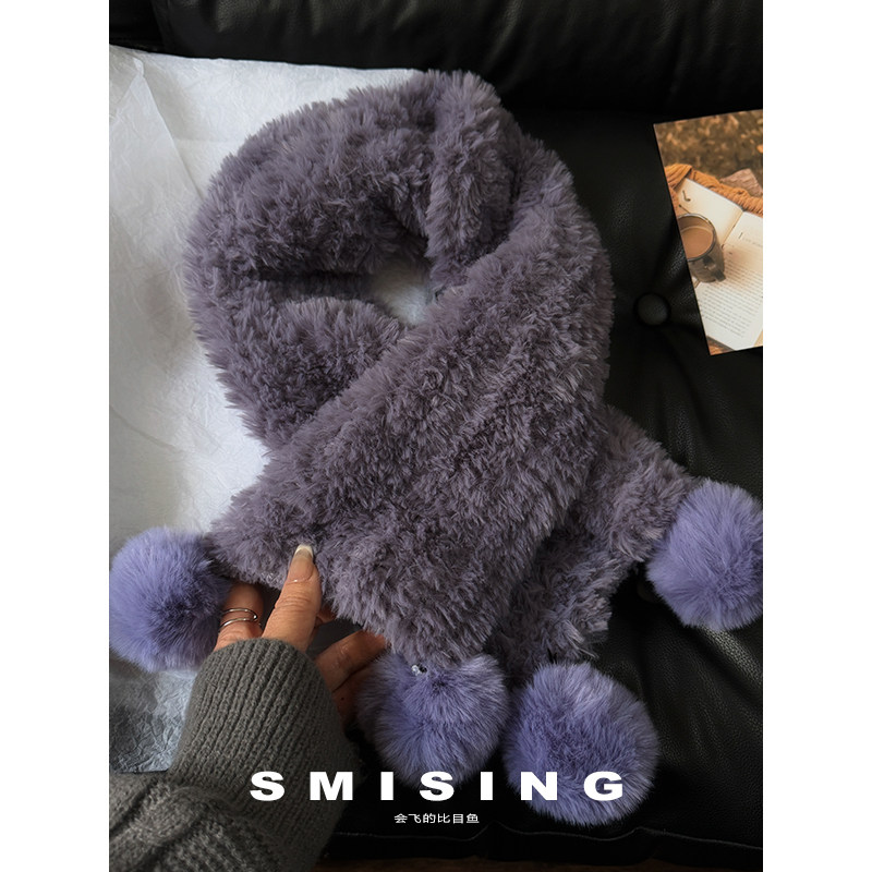 2025新款韩系纯色毛绒球球加厚保暖围脖女秋冬氛围感百搭护颈围脖