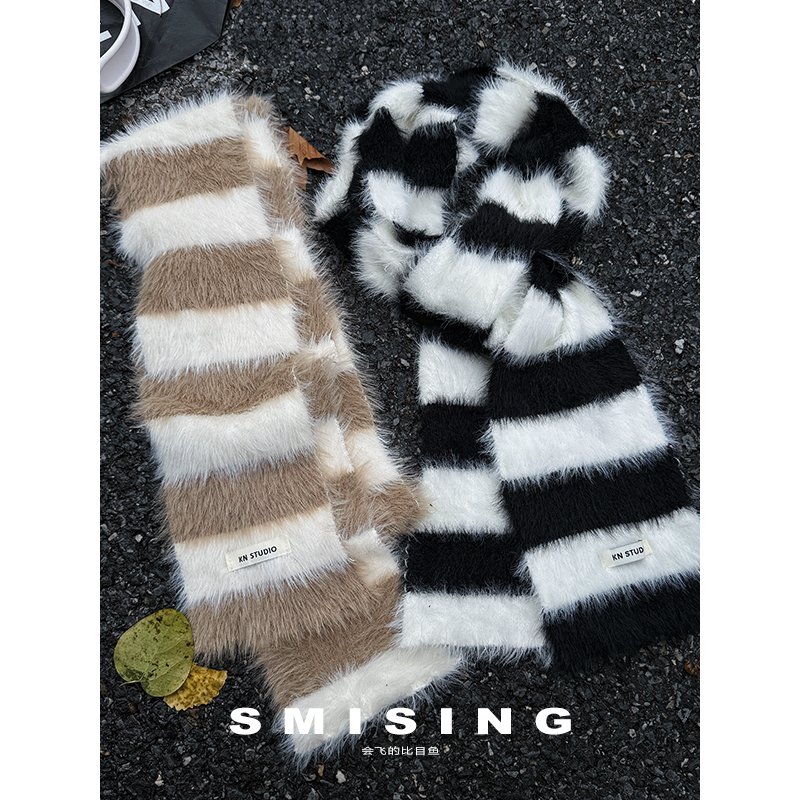 韩系ins条纹毛绒针织围巾