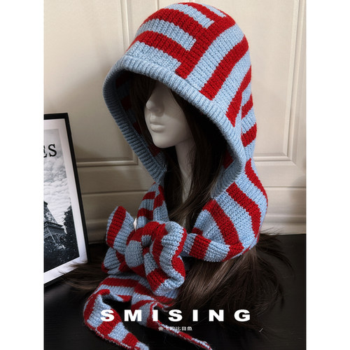 2025新款韩系ins设计感条纹帽子围巾一体女秋冬时尚百搭保暖围脖