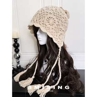 2025新款时尚川西旅游镂空钩花针织帽女秋冬季休闲百搭流苏包头帽