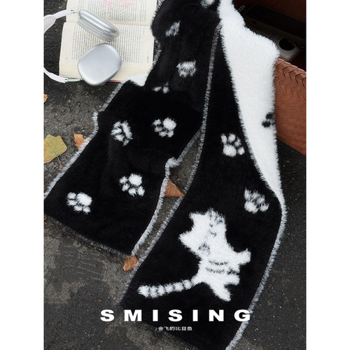 踏雪猫咪爪印双面毛绒围巾