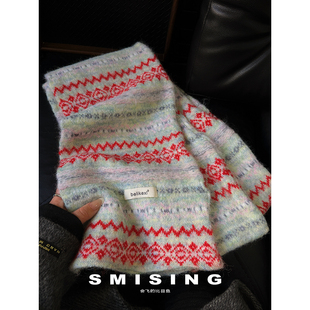 新款 韩系红色复古费尔岛风提花条纹针织围巾女秋冬高品质保暖围脖