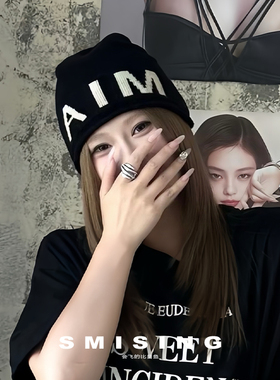 韩版时尚个性字母AIM针织帽女秋季新款文艺慵懒感辣妹百搭包头帽