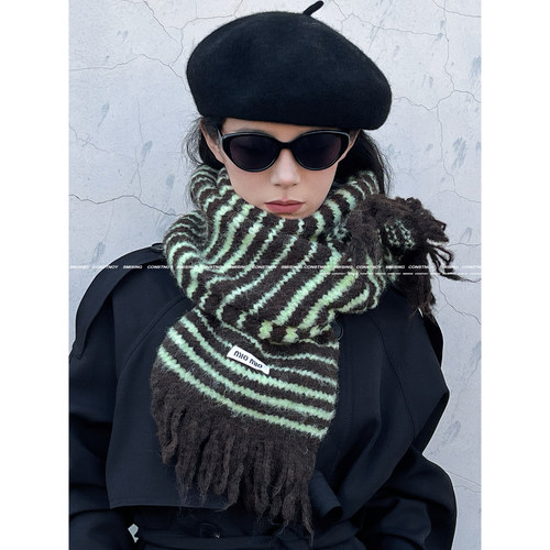 秋冬厚实保暖条纹针织流苏围巾