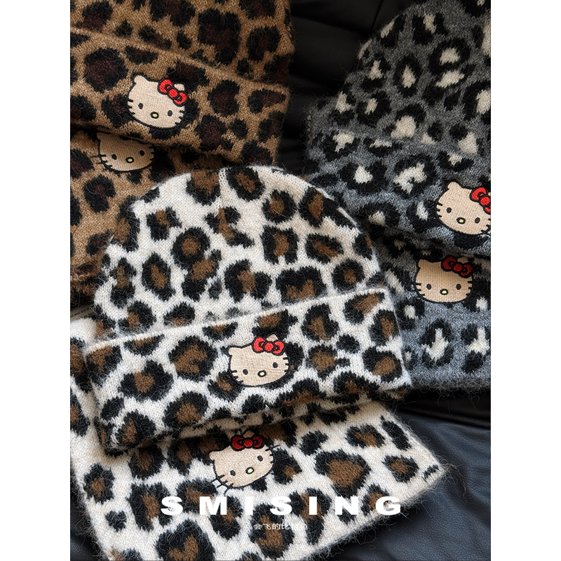 日系甜美可爱豹纹针织帽女秋冬季新款街头辣妹时尚休闲百搭包头帽