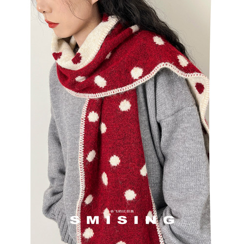 双面波点毛绒针织围巾女秋冬