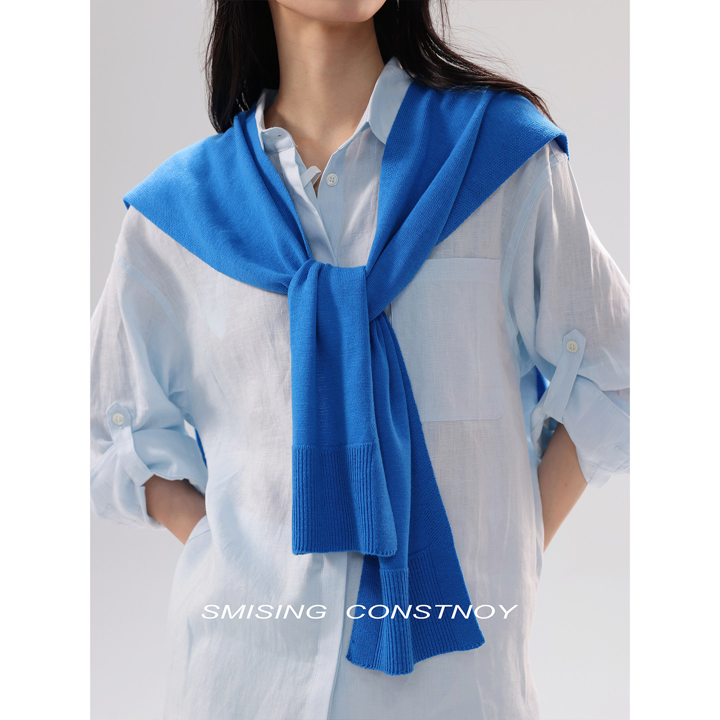 韩版纯色针织羊毛混纺披肩女春夏季新款百搭外搭蓝色氛围感围巾潮