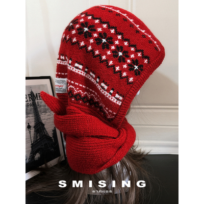 2025新款复古费尔岛风雪花针织帽子围巾一体女秋冬保暖护耳包头帽