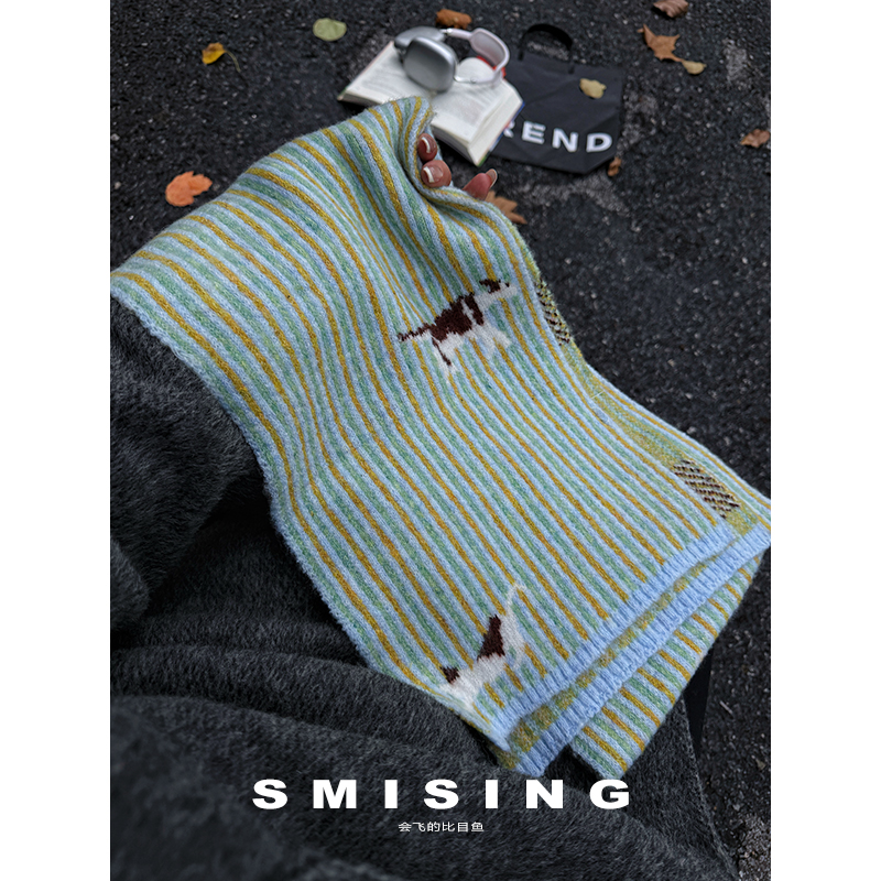 日系拼色条纹撞色针织猫咪围巾女秋冬情侣款百搭氛围感护颈小围脖