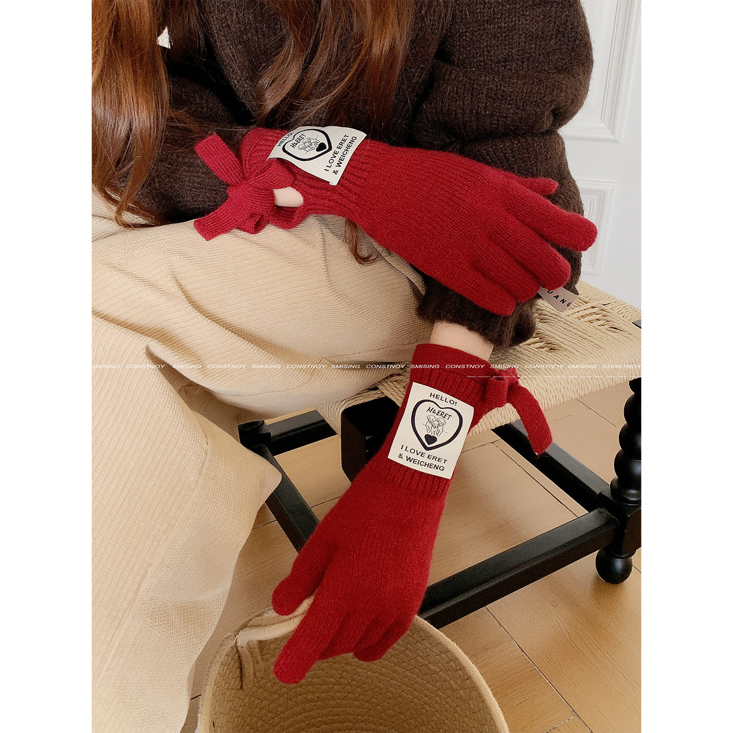 韩版贴布绑带针织手套女秋冬保暖触屏加厚绑带防寒长款防风骑车潮