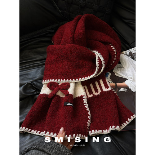 韩系红色蝴蝶结字母针织围巾