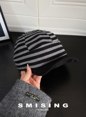 韩系复古黑灰色针织鸭舌帽女秋冬季时尚街头设计感潮流百搭报童帽