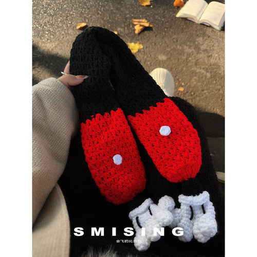 卡通可爱米奇手掌红色针织围巾