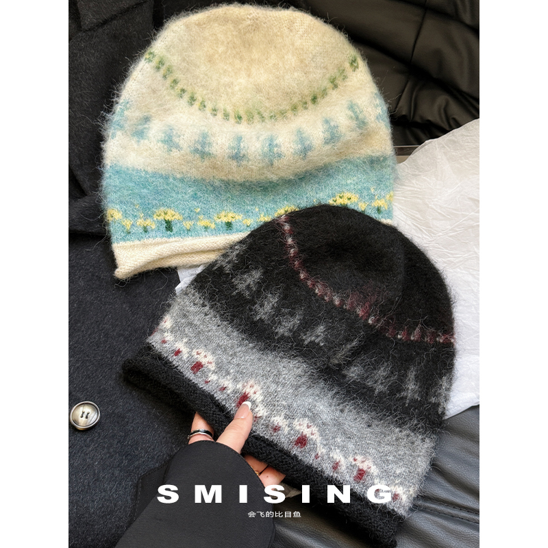 新款费尔岛卷边提花针织帽子女秋冬季保暖百搭氛围感显脸小包头帽