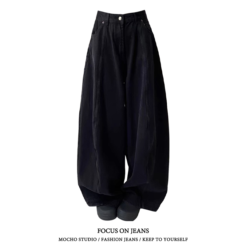 美式复古黑色弯刀牛仔裤女秋冬款高街设计感宽松垂感显瘦阔腿裤子