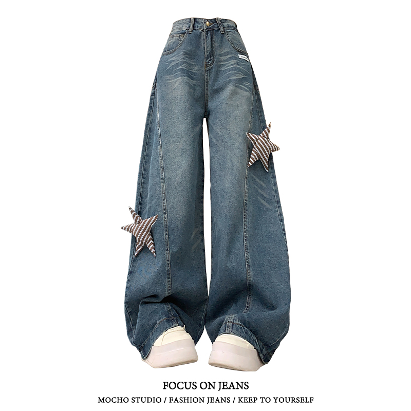 美式复古高腰弯刀牛仔裤女夏季星星高街设计感宽松显瘦垂感阔腿裤
