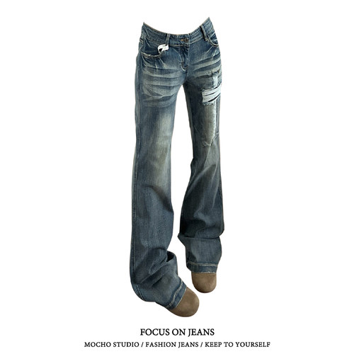 美式复古十字架破洞牛仔裤女夏季低腰高街设计感修身显瘦微喇叭裤