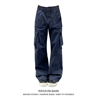 美式复古多口袋工装牛仔裤女春秋款高街设计感高腰宽松休闲直筒裤
