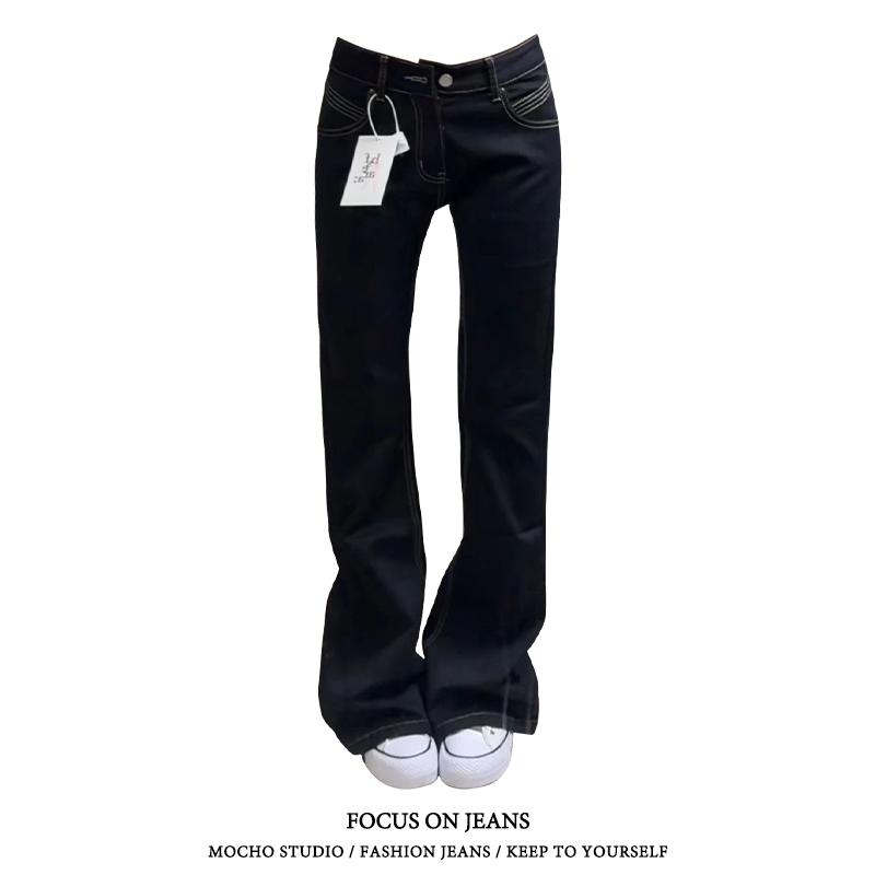 美式复古辣妹低腰微喇牛仔裤女春秋款高街设计感修身显瘦喇叭裤子