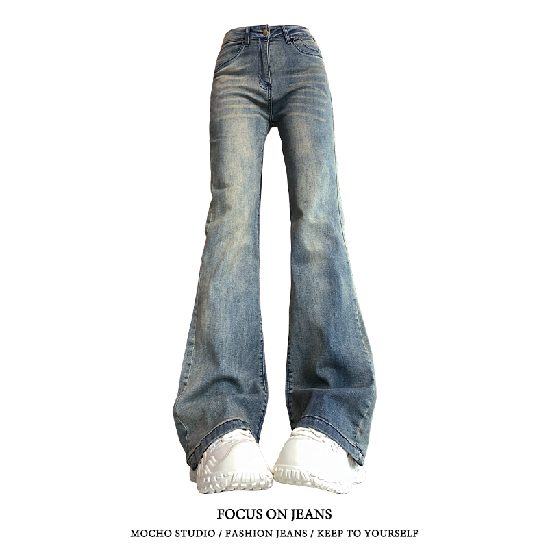 美式复古微喇叭牛仔裤女夏季新款辣妹高街低腰显瘦阔腿拖地马蹄裤