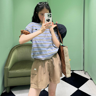 深圳南油高端女装 复古紫蓝色条纹单口袋LOGO刺绣圆领短袖T恤上衣