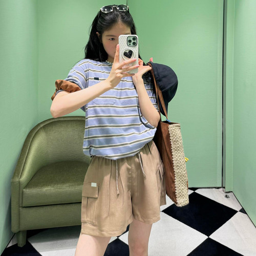 深圳南油高端女装 复古紫蓝色条纹单口袋LOGO刺绣圆领短袖T恤上衣