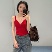 南油高端女装 红色M字母徽标提花深V领针织吊带背心外穿内搭上衣