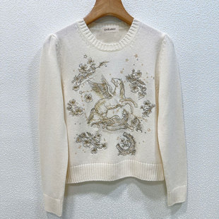 南油高端女装 明星同款重工幸运小马刺绣套头圆领长袖针织衫毛衣