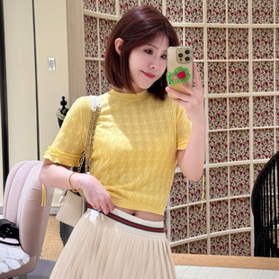 南油高端女装 显白黄色减龄麻花 袖口蝴蝶结绑带短袖针织衫上衣女