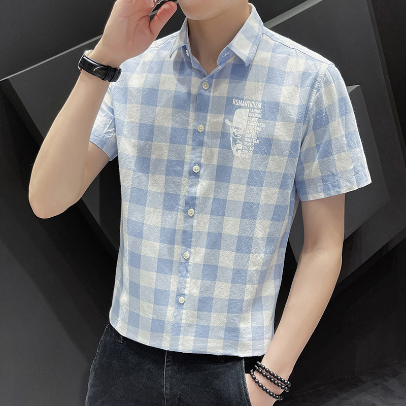 2024新款纯棉格子衬衫男短袖夏季薄款帅气衬衣潮 XZ1301-CS87-P35图片