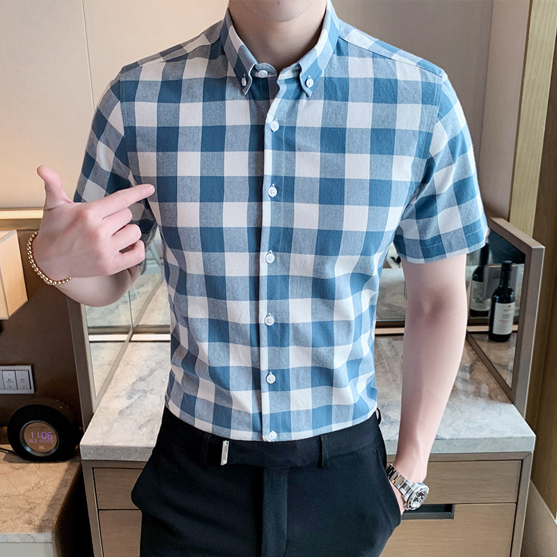 可代发纯棉格子衬衫男短袖夏季薄款韩版半袖衬衣XZ1301-CS86-P35,男装衬衫,星座1301