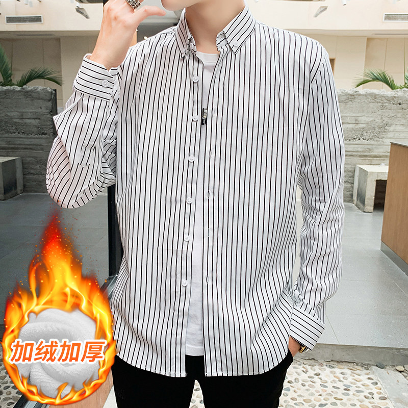 冬季男士保暖衬衫韩版潮流修身帅气条纹衬衣男1301-CS122加绒-P40，男装衬衫，星座1301
