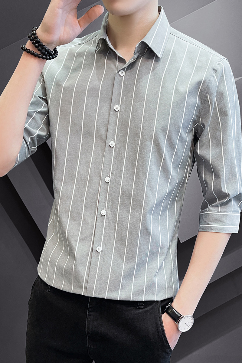 条纹衬衫男七分袖韩版修身衬衣青年中袖寸衫潮1301-CS130-P28,男装衬衫,星座1301