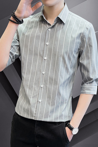 条纹衬衫男七分袖韩版修身衬衣青年中袖寸衫潮1301-CS130-P28图片
