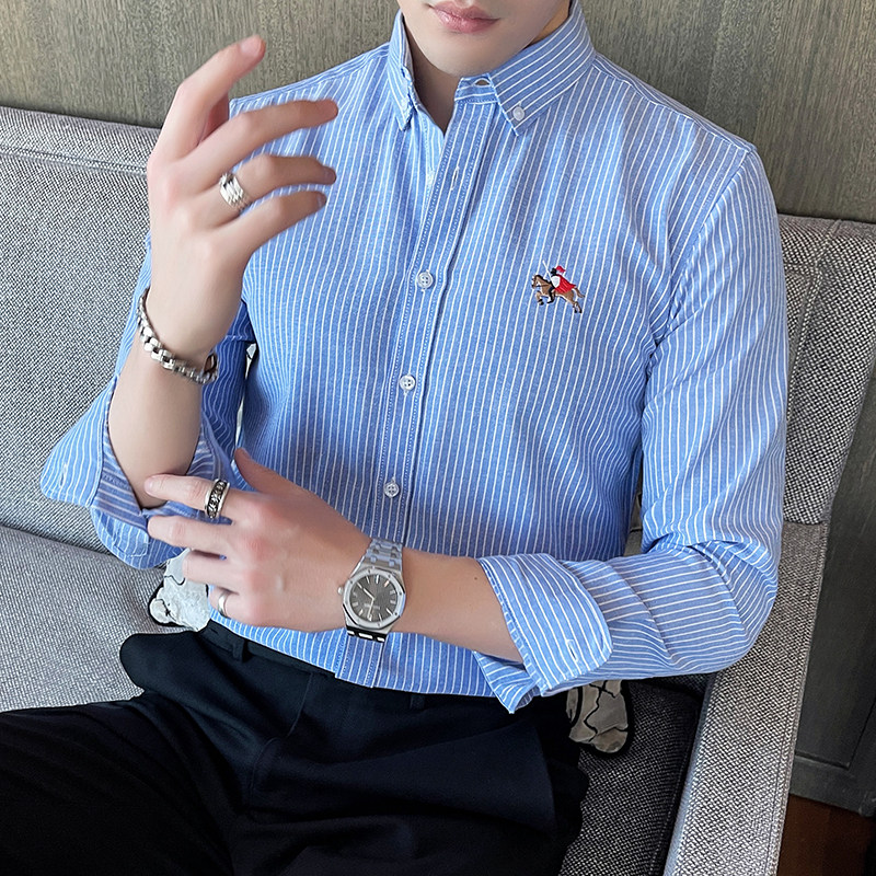 可代发牛津纺衬衫男长袖韩版修身刺绣衬衣青年1301-CS123-P28，男装衬衫，星座1301