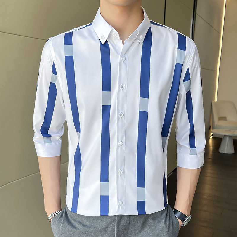 男士条纹衬衫七分袖夏季韩版修身帅气中袖衬衣1301-ZX175-P28,男装衬衫,星座1301