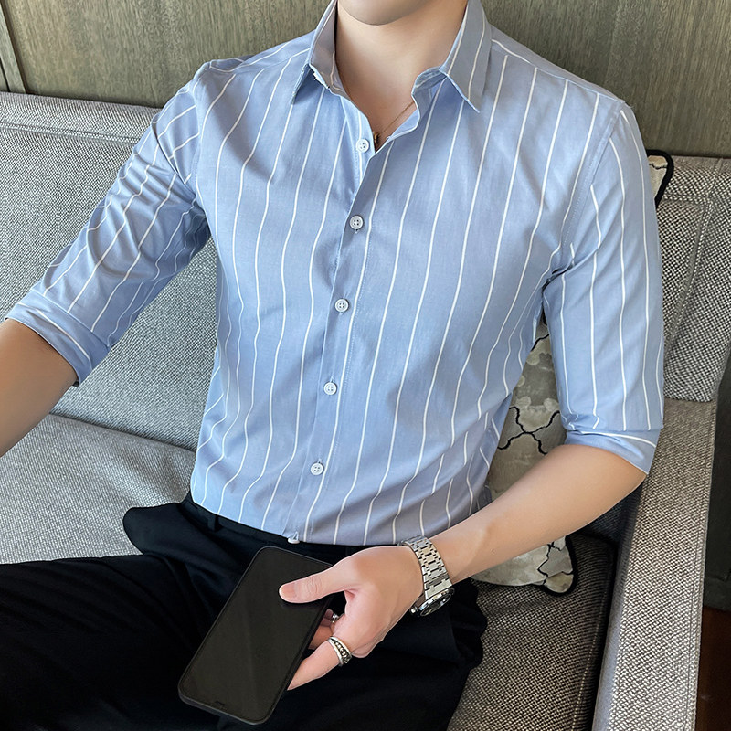 条纹衬衫男七分袖韩版修身衬衣青年中袖寸衫潮1301-CS130-P28,男装衬衫,星座1301
