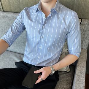 条纹衬衫男七分袖韩版修身衬衣青年中袖寸衫潮1301-CS130-P28图片