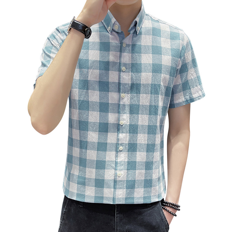 2024新款纯棉格子衬衫男短袖夏季薄款帅气衬衣潮XZ1301-CS86-P35,男装衬衫,星座1301