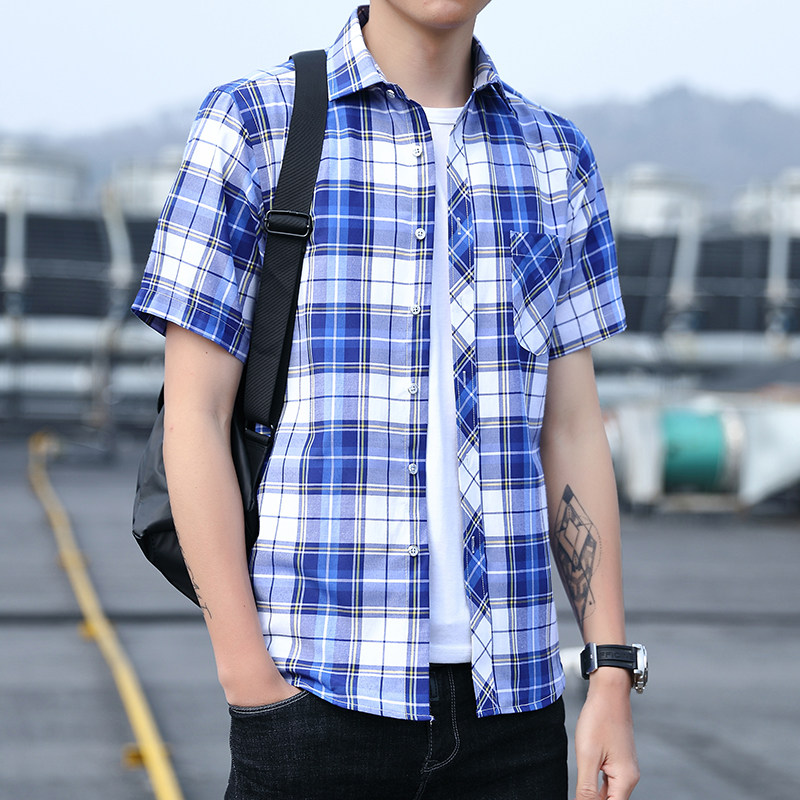 夏季格子衬衫男短袖透气薄款青年帅气百搭衬衣潮1301-D89-D90-P28,男装衬衫,星座1301