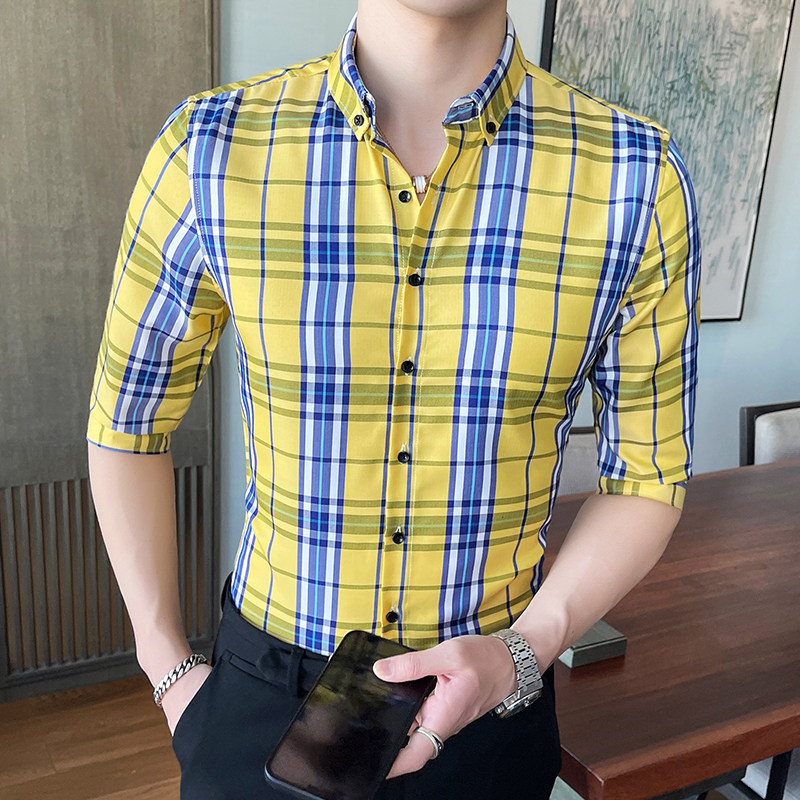 夏季格子衬衫男七分袖韩版修身衬衣青年帅气寸衫潮1301-CS127-P30,男装衬衫,星座1301