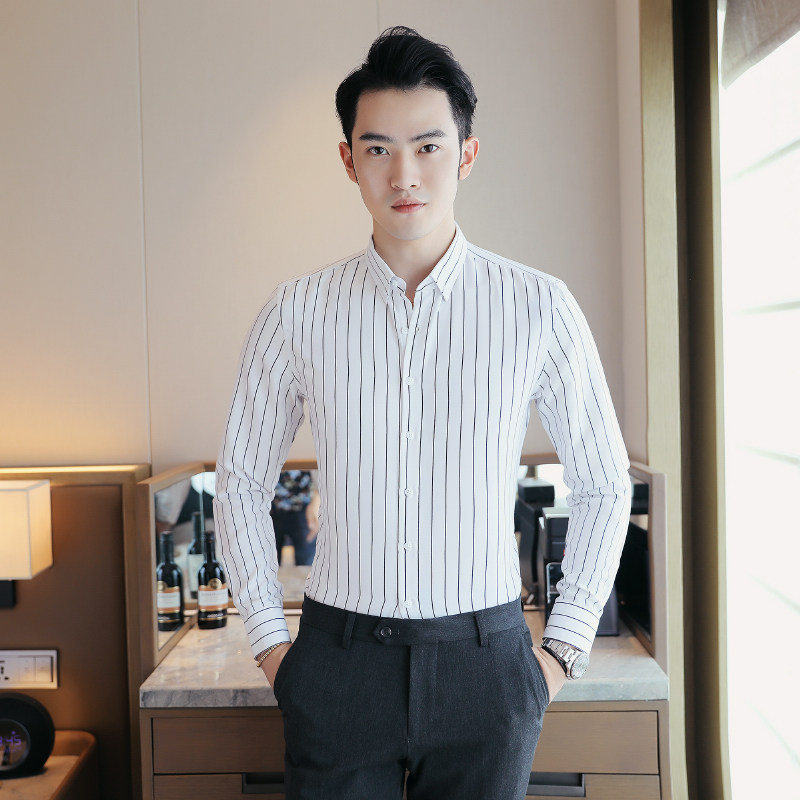 男士条纹衬衫长袖韩版修身商务休闲青年帅气衬衣潮 1301-CS60-P20图片