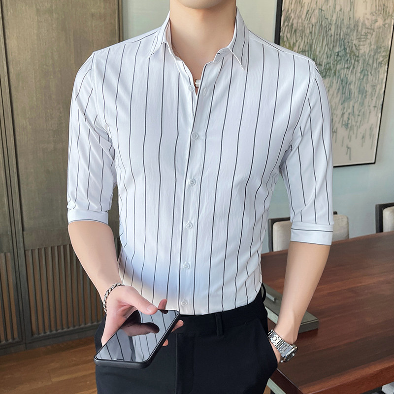 条纹衬衫男七分袖韩版修身衬衣青年中袖寸衫潮1301-CS130-P28,男装衬衫,星座1301
